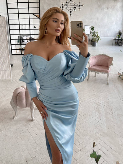 Elegant Royal Mango Satin Midi Dress for Women with Puff Sleeves and Side Slit