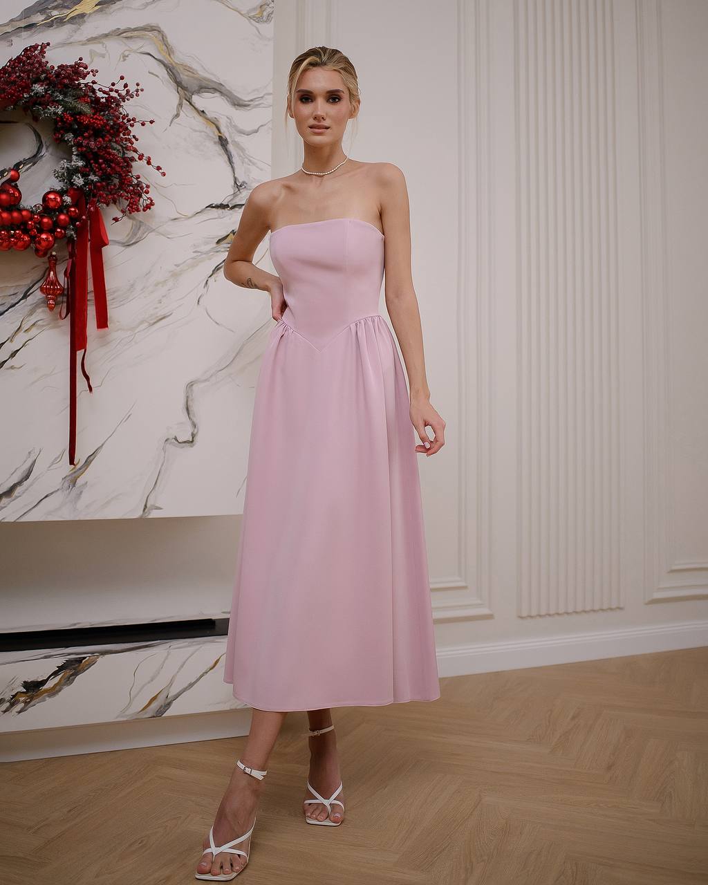 Strapless Midi Dress Women Premium Crepe Fabric Elegant Cocktail Dress