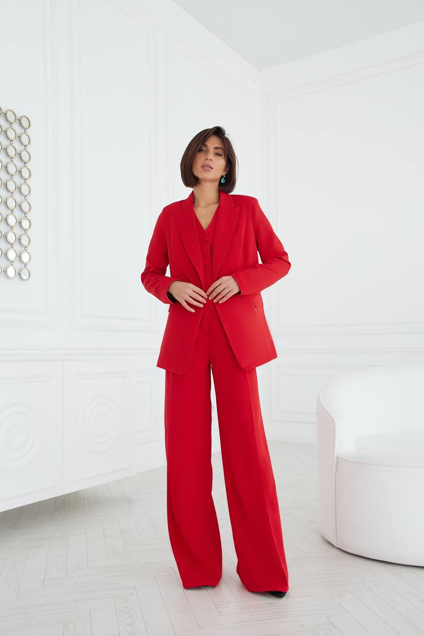 Women Three Piece Suit Red Premium Diagonal Crepe Lined Vest Jacket Trousers
