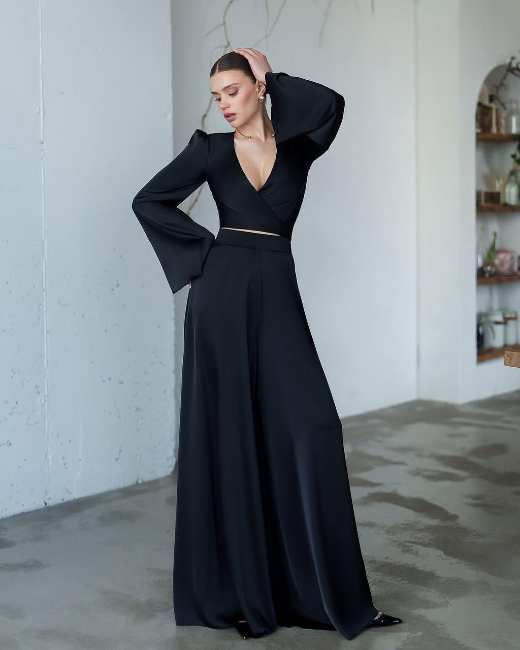 Elegant Women Suit Set with Wide Leg Satin Pants and Wrap Top