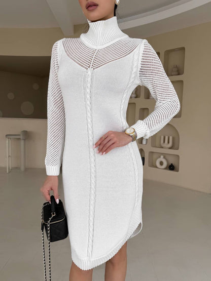 White knit dress worn by a person in an indoor setting
