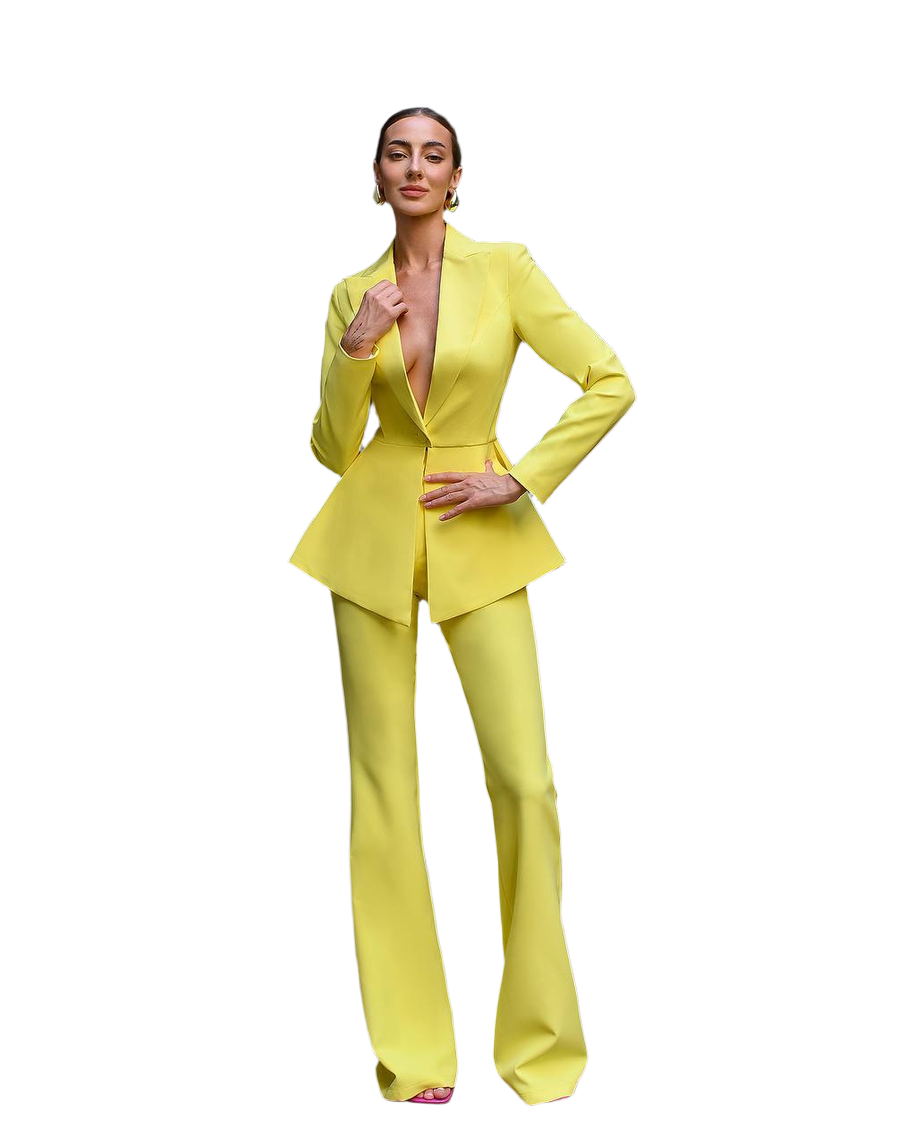 Premium Diagonal Crepe Women's Suit Yellow Peplum Jacket and Flared Pants