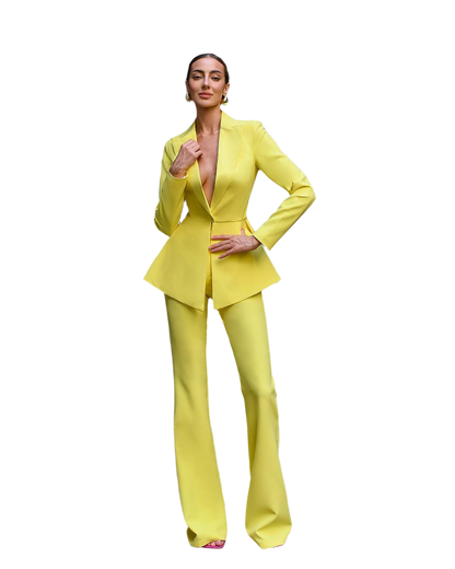 Premium Diagonal Crepe Women's Suit Yellow Peplum Jacket and Flared Pants