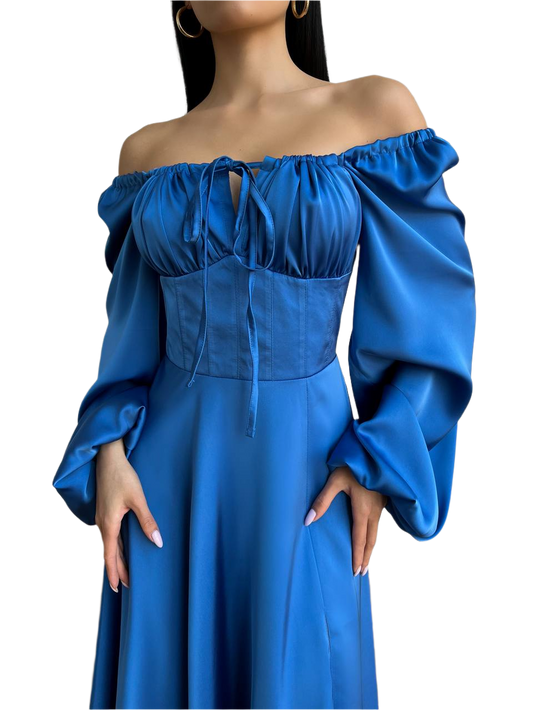 Blue off-shoulder dress with long sleeves on a white background
