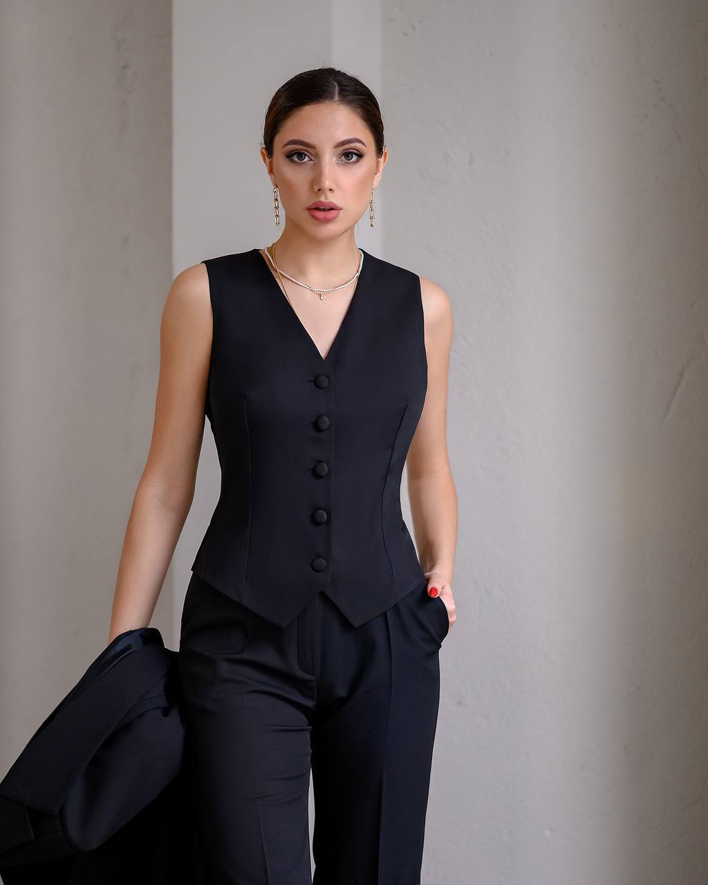 Womens Tailored Black Vest Premium Diagonal Suit Crepe
