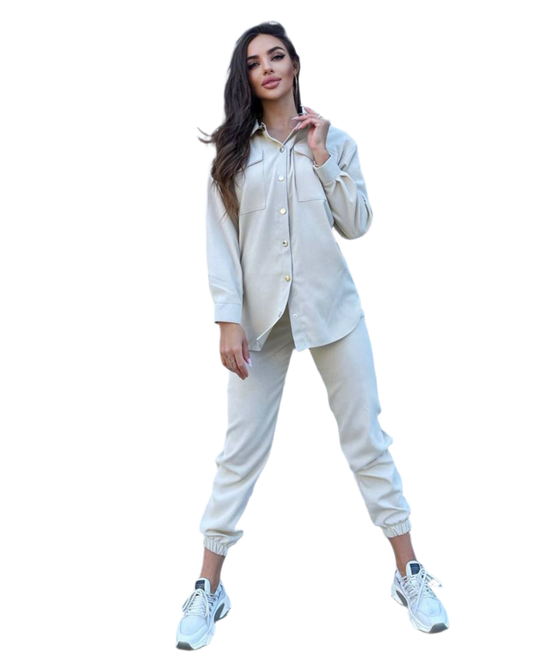 Women's Micro-Velvet Velvet Suit High Waist Pants with Elastic and Pockets and Snap Button Shirt