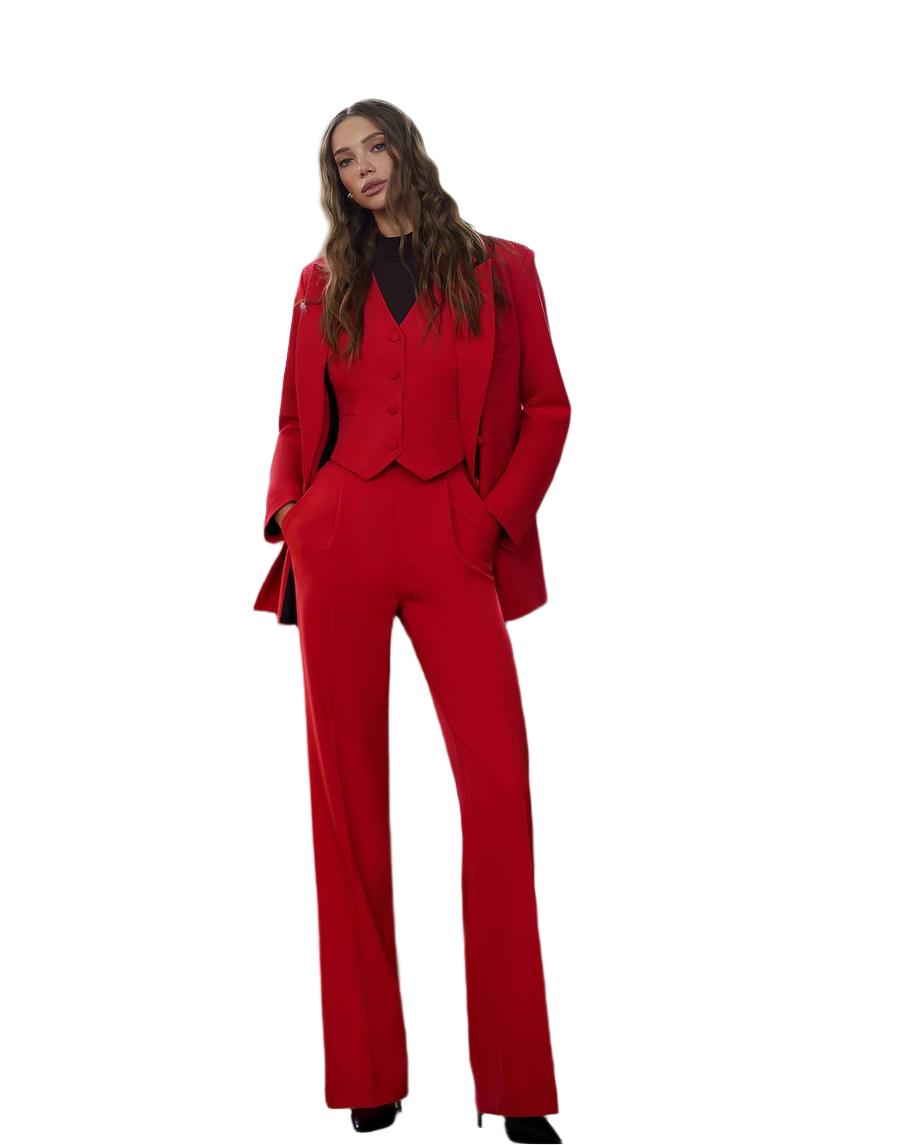 Women Red Three-Piece Suit Premium Crepe-Diagonal Fabric