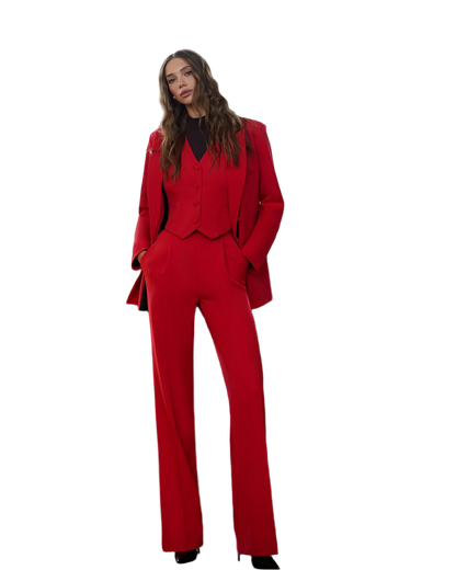 Women Red Three-Piece Suit Premium Crepe-Diagonal Fabric