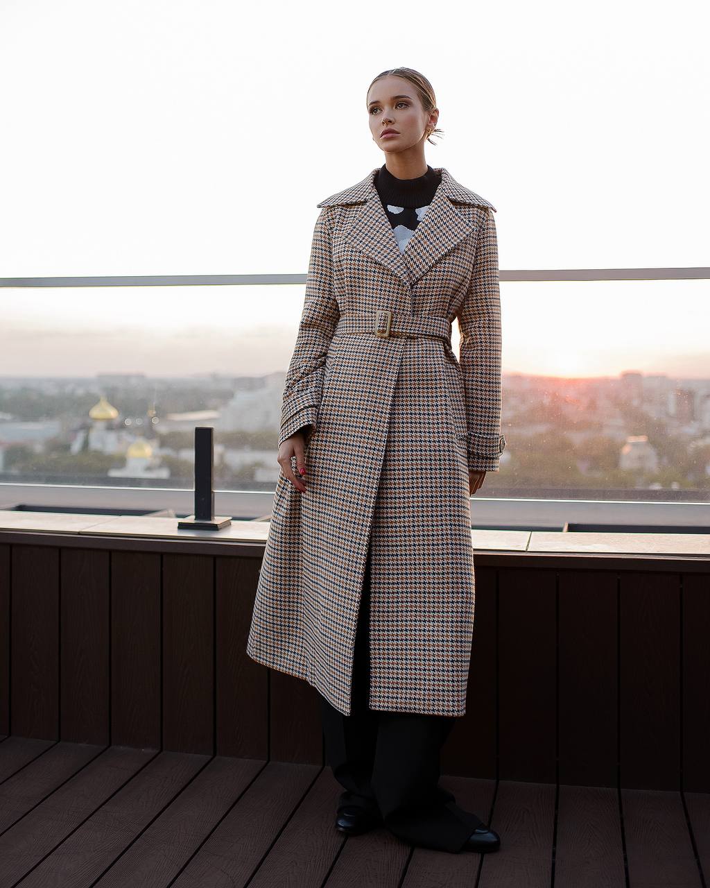 Womens Turkish Fabric Houndstooth Pattern Long Coat with Belt