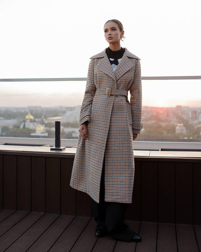 Womens Turkish Fabric Houndstooth Pattern Long Coat with Belt