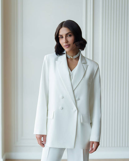 Womens White Three Piece Suit Premium Crepe Diagonal Fabric