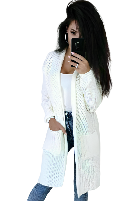 Women Long White Knit Cardigan Wool Acrylic Blend