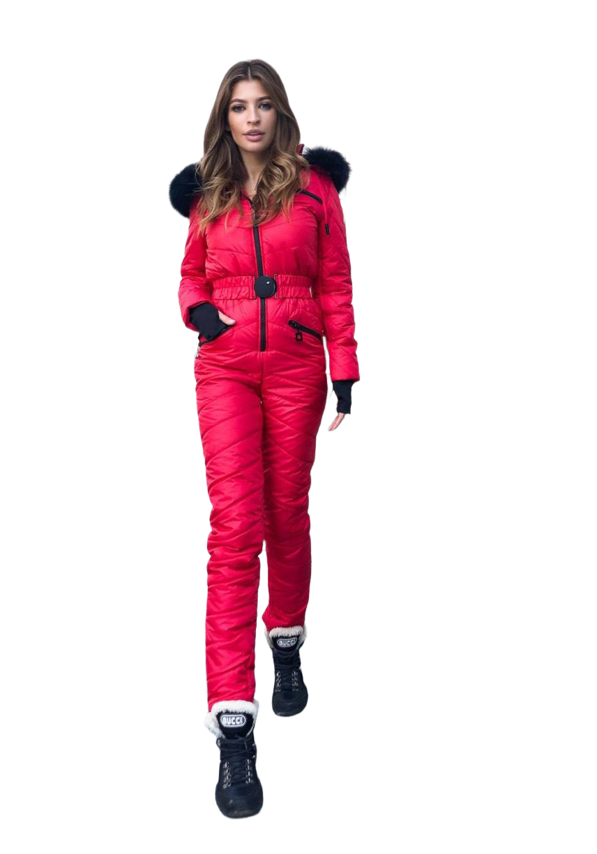 Womens Insulated Ski Jumpsuit with Black Fur Trimmed Hood and Belt