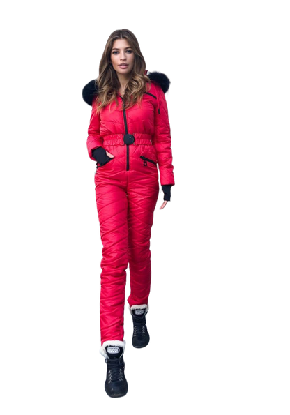 Womens Insulated Ski Jumpsuit with Black Fur Trimmed Hood and Belt