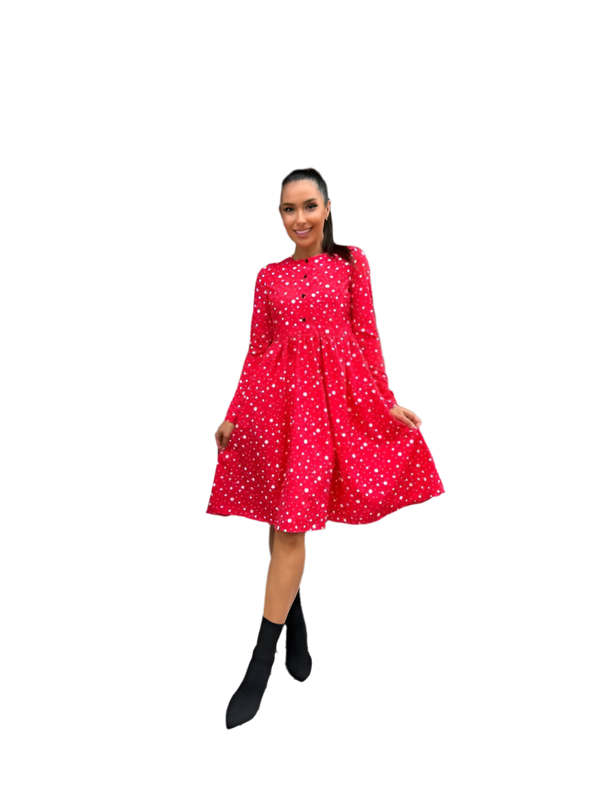 Red Midi Dress with Functional Buttons and Side Pockets