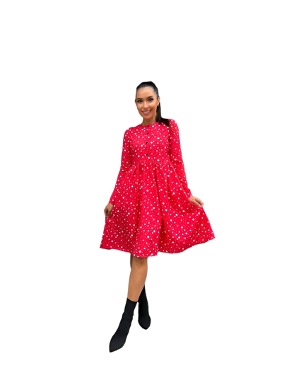 Red Midi Dress with Functional Buttons and Side Pockets