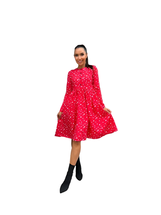 Red Midi Dress with Functional Buttons and Side Pockets