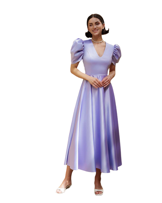 Elegant Puff Sleeve Satin Midi Dress in Lavender