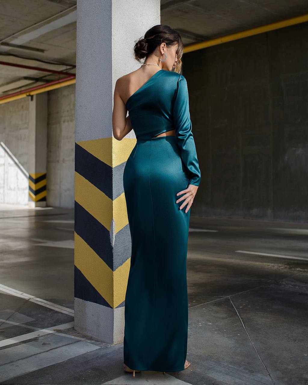 Elegant One Shoulder Maxi Dress in Premium Mango Satin