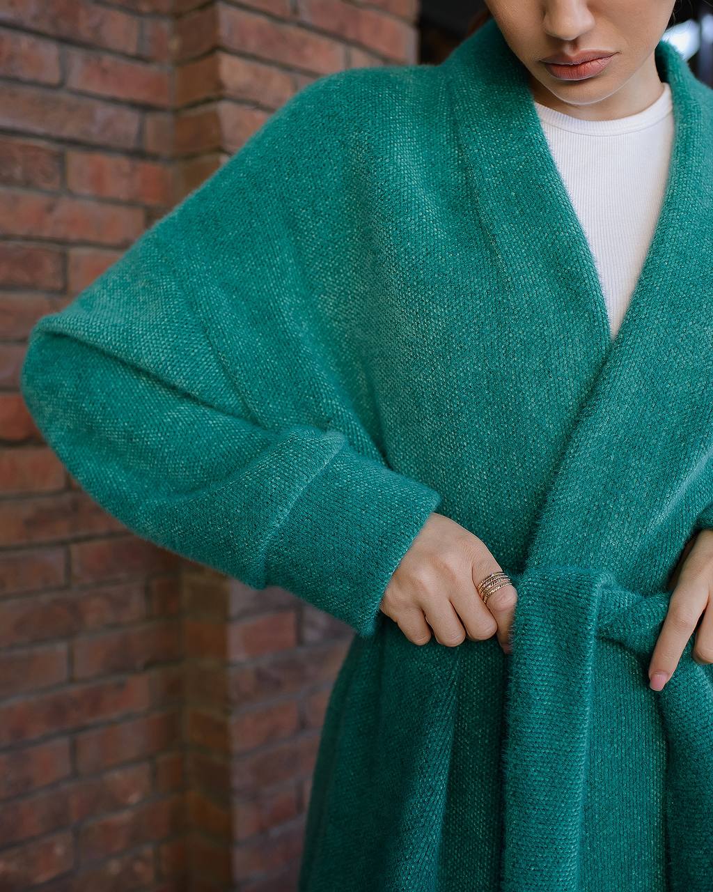 Womens Silva Fluffy Cardigan Long Sleeve Belted Coat Emerald Green