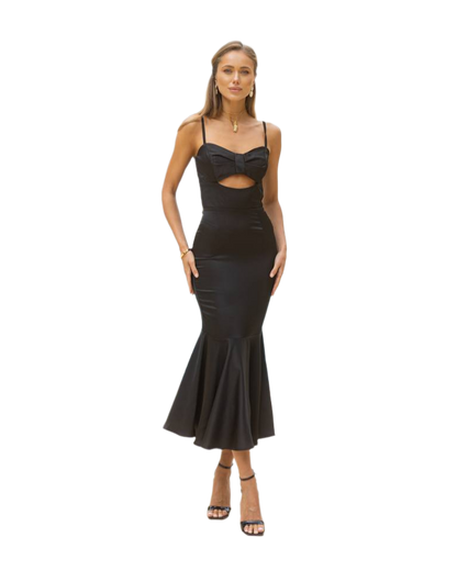 Elegant Black Satin Fitted Dress with Bow Detail