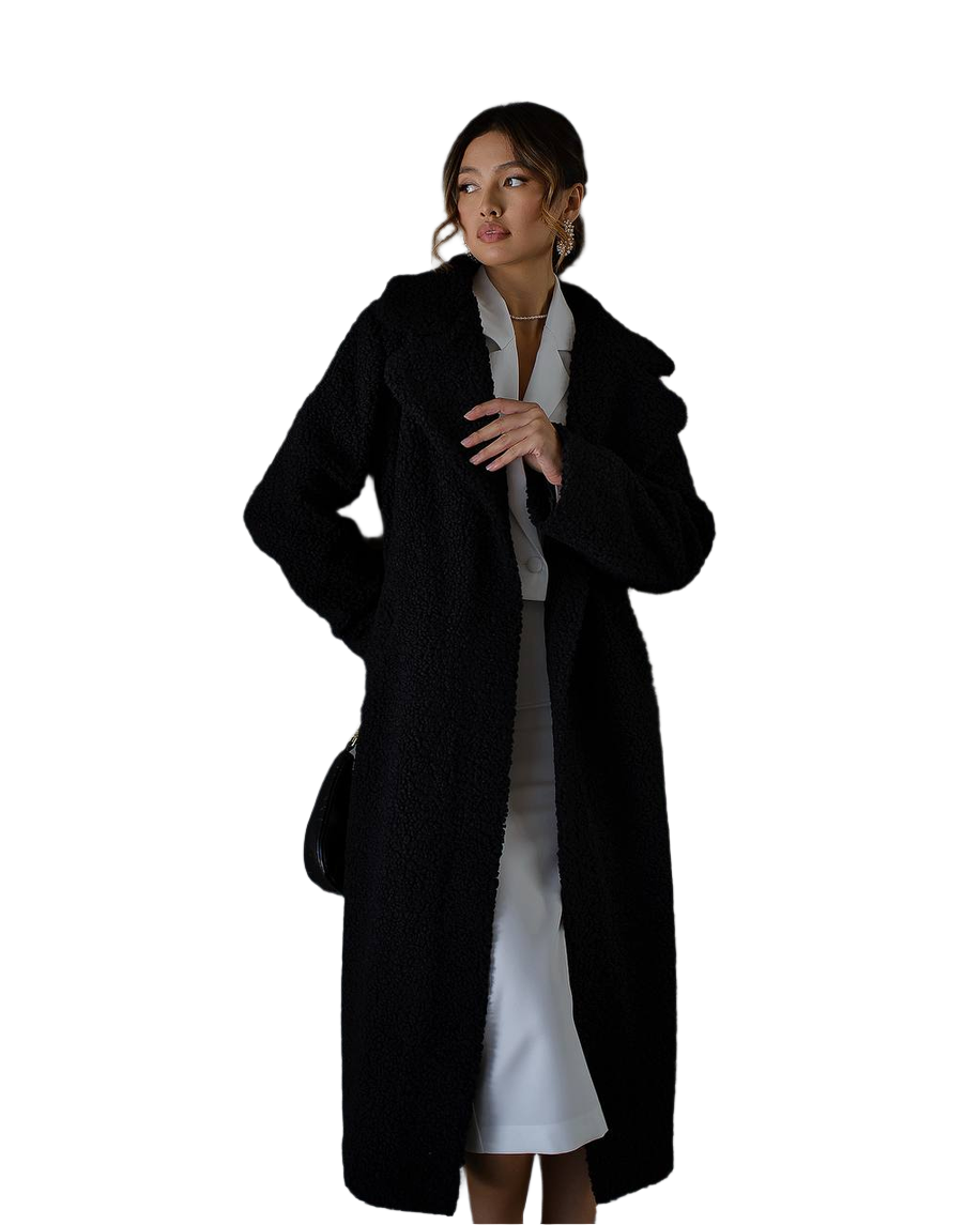 Long Faux Sheepskin Coat on Suede for Women in Black