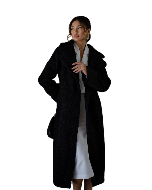 Long Faux Sheepskin Coat on Suede for Women in Black