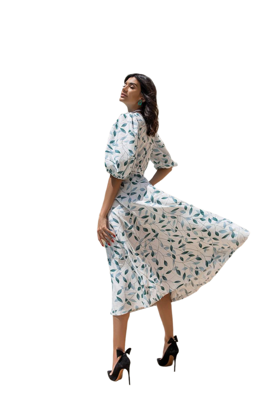 Woman wearing a floral dress on a white background