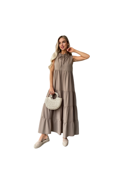 Sleeveless Loose Fit Tiered Maxi Dress with Tie Neck