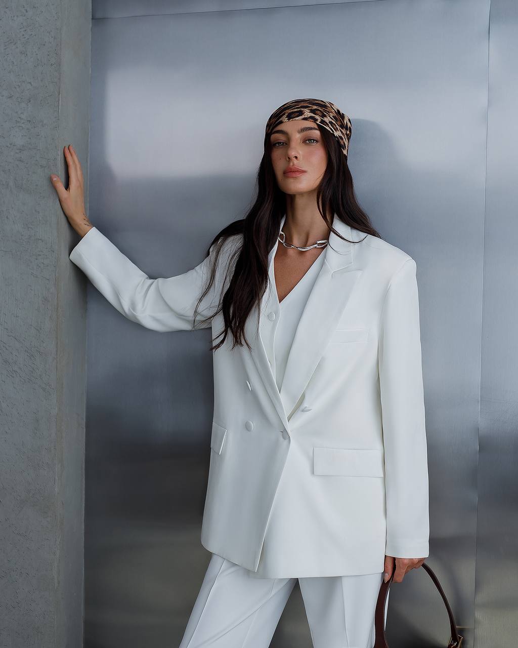 Womens White Three Piece Suit Premium Crepe Diagonal Fabric
