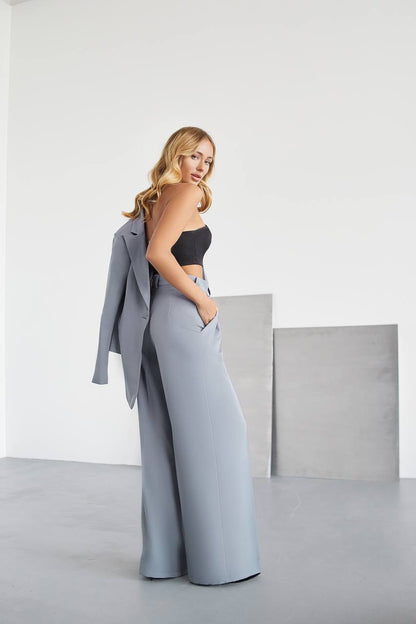 Gray Palazzo Suit Women Diagonal Crepe Tailored Blazer and Wide Leg Trousers