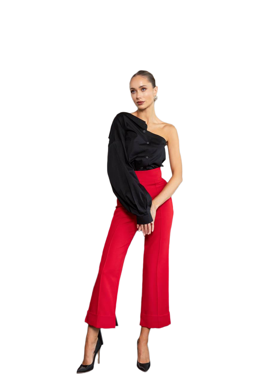 Womens Diagonal Crepe Culottes High Waist Red Black