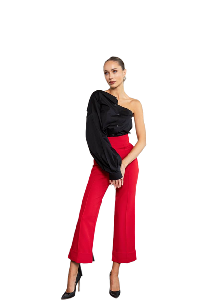 Womens Diagonal Crepe Culottes High Waist Red Black