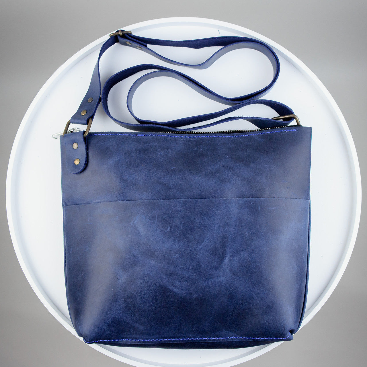 Handmade Mens Blue Crazy Horse Leather Shoulder Bag Messenger Crossbody