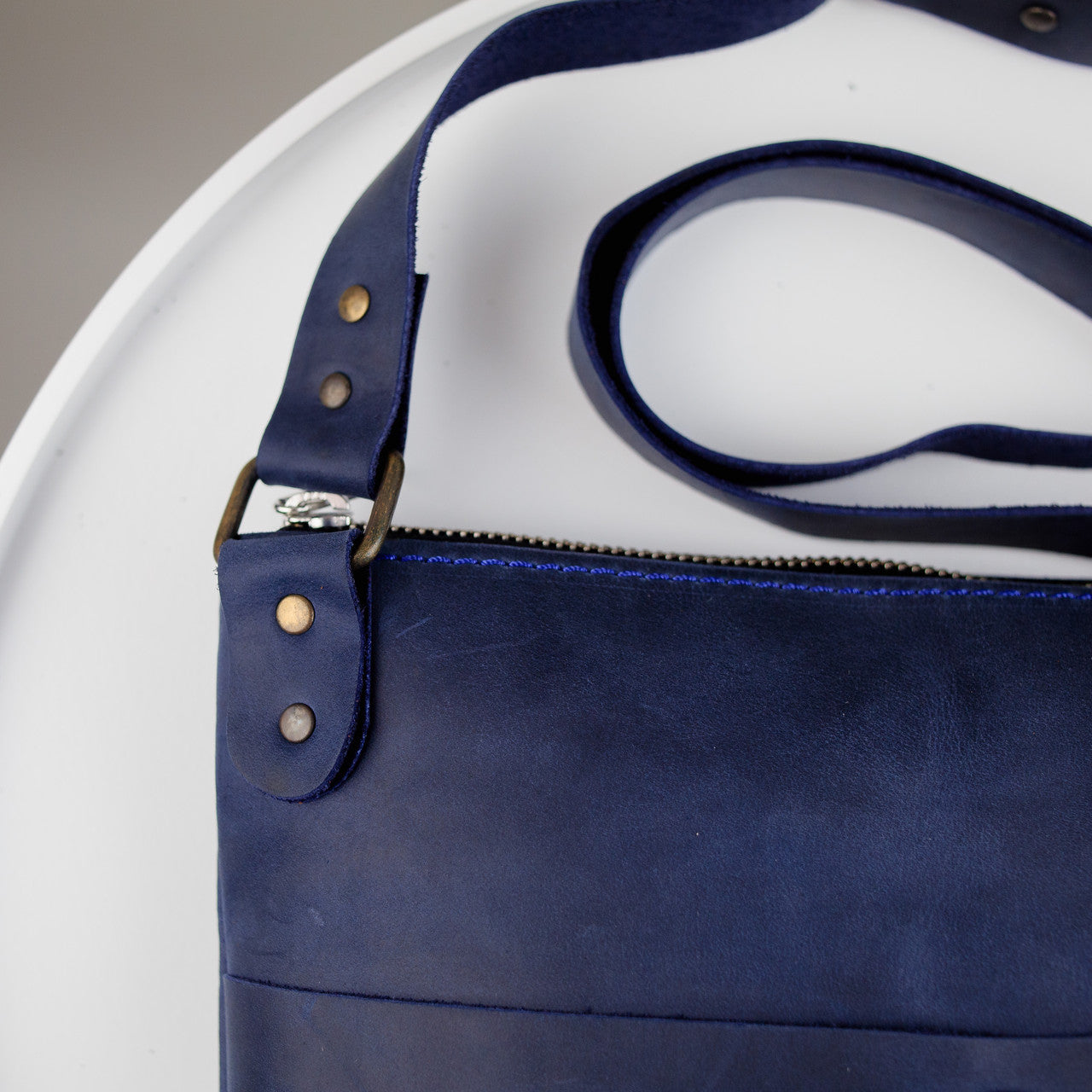 Handmade Mens Blue Crazy Horse Leather Shoulder Bag Messenger Crossbody