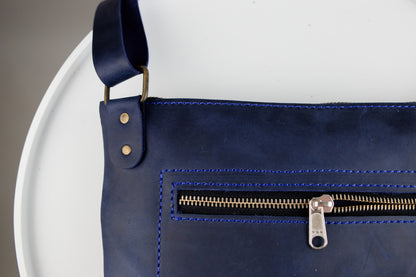 Handmade Mens Blue Crazy Horse Leather Shoulder Bag Messenger Crossbody