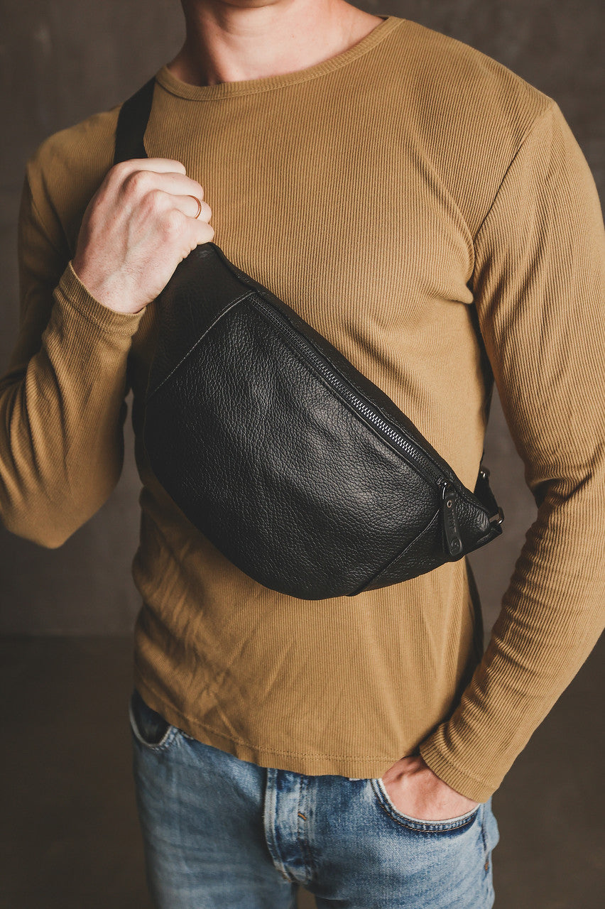Handmade Mens Genuine Leather Black Waist Bag Banana Bag