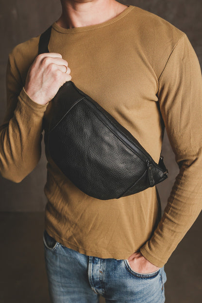 Handmade Mens Genuine Leather Black Waist Bag Banana Bag