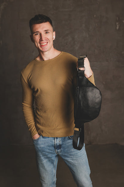 Handmade Mens Genuine Leather Black Waist Bag Banana Bag