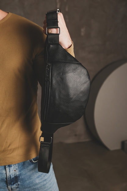 Handmade Mens Genuine Leather Black Waist Bag Banana Bag