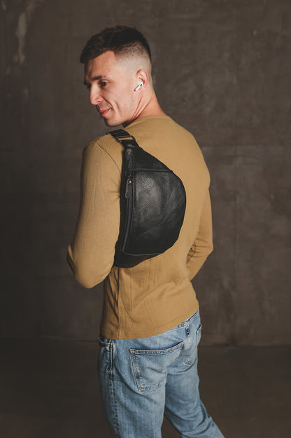 Handmade Mens Genuine Leather Black Waist Bag Banana Bag