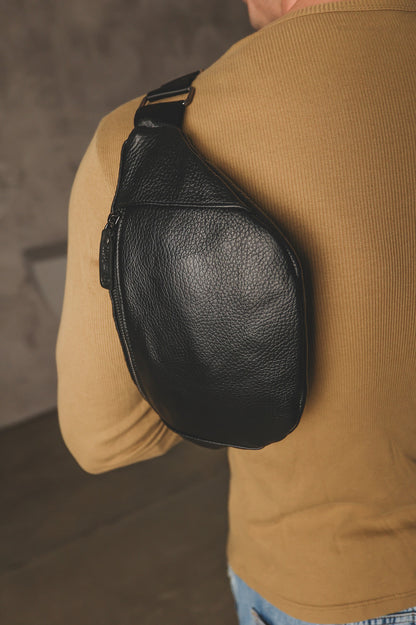 Handmade Mens Genuine Leather Black Waist Bag Banana Bag