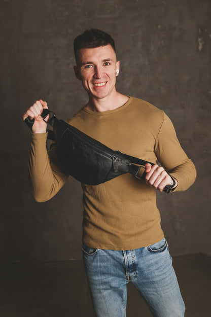 Handmade Mens Genuine Leather Black Waist Bag Banana Bag