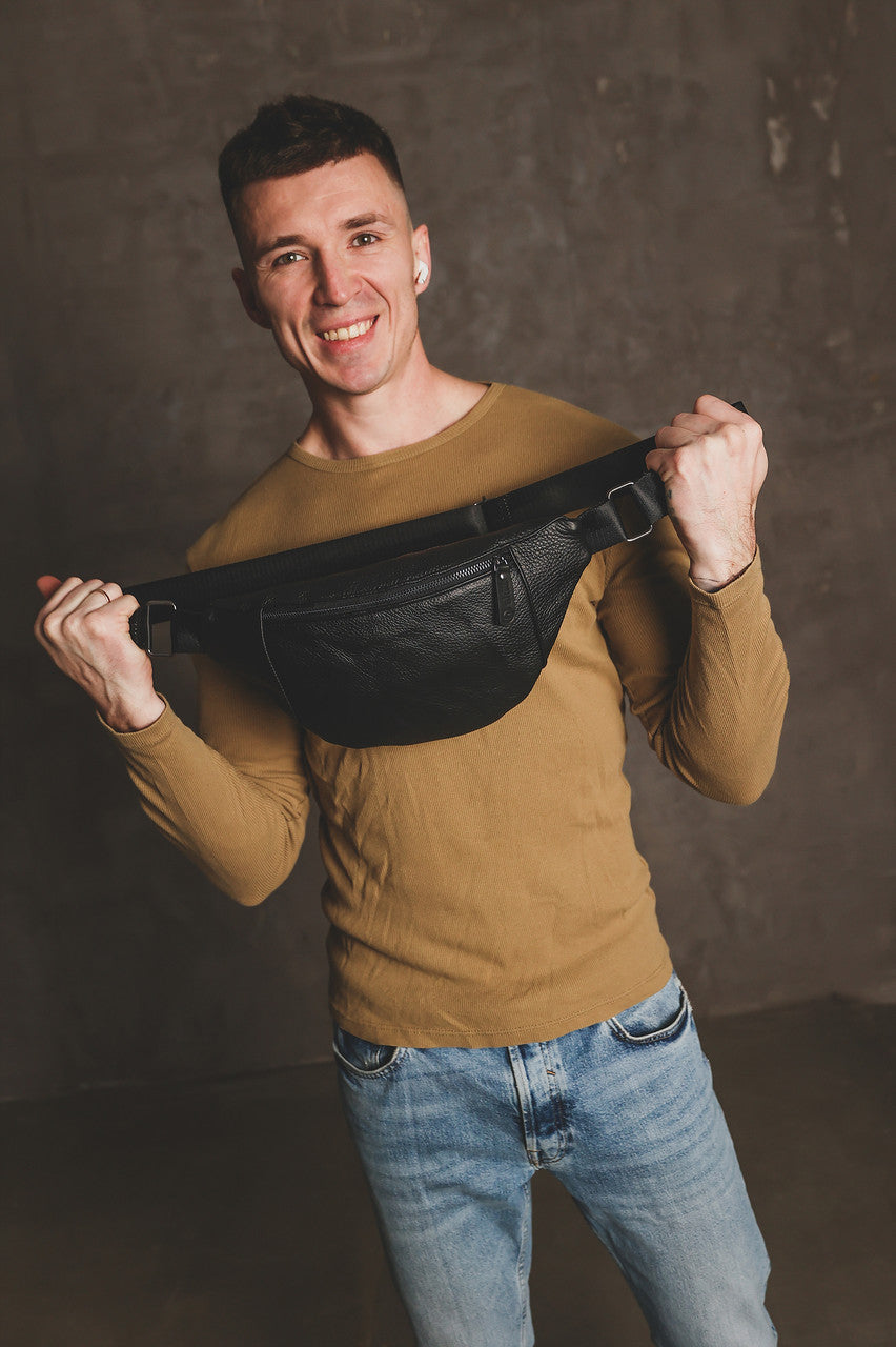 Handmade Mens Genuine Leather Black Waist Bag Banana Bag