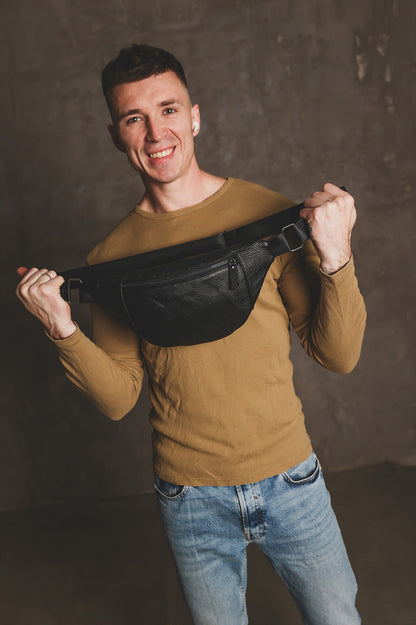 Handmade Mens Genuine Leather Black Waist Bag Banana Bag
