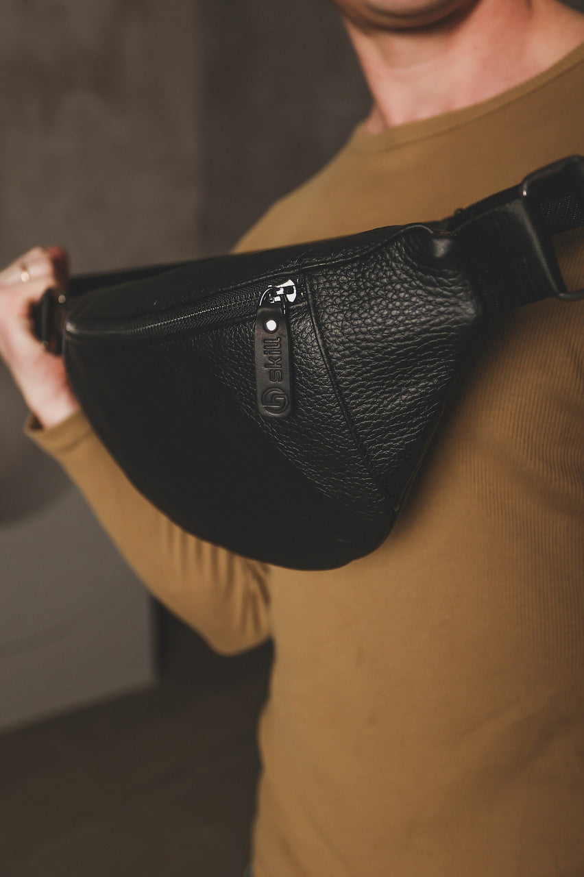 Handmade Mens Genuine Leather Black Waist Bag Banana Bag