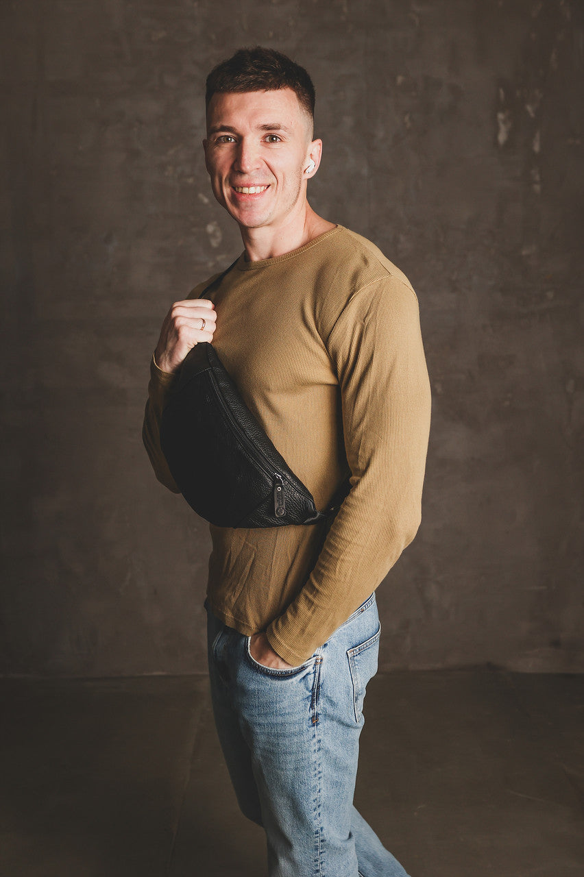 Handmade Mens Genuine Leather Black Waist Bag Banana Bag