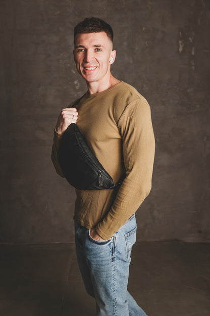 Handmade Mens Genuine Leather Black Waist Bag Banana Bag