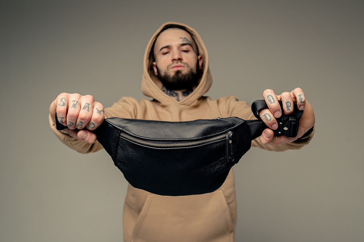 Handmade Mens Genuine Leather Belt Bag Black Waist Bag Fanny Pack