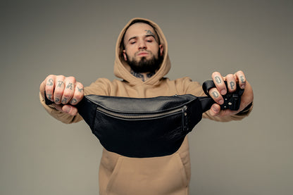 Handmade Mens Genuine Leather Belt Bag Black Waist Bag Fanny Pack